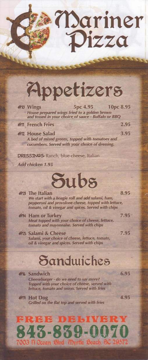 Mariner Pizza - Myrtle Beach, SC menu_pic