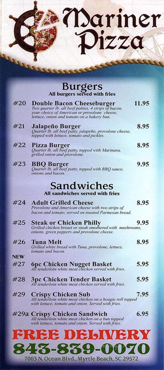 Mariner Pizza - Myrtle Beach, SC menu_pic