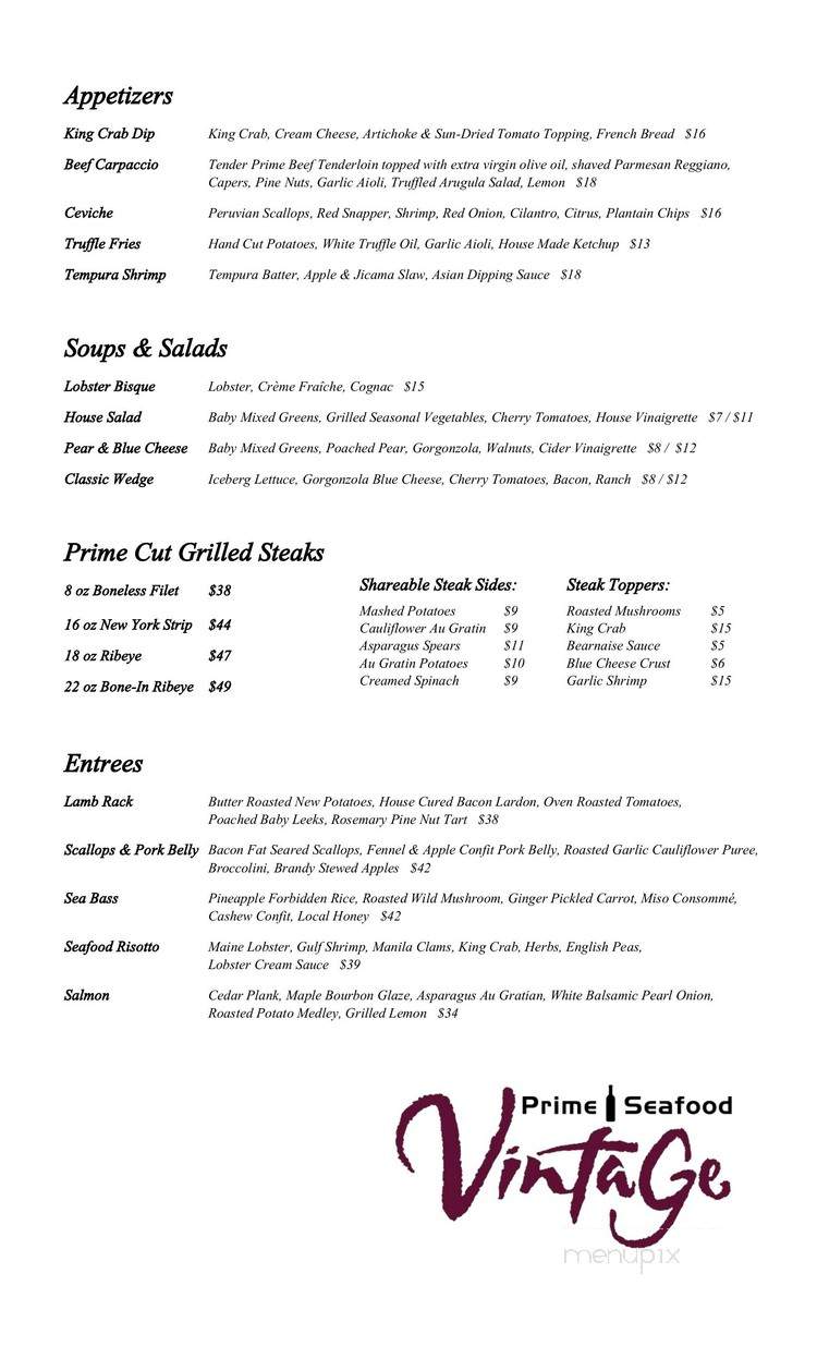 Vintage Prime & Seafood - Grand Rapids, MI menu_pic