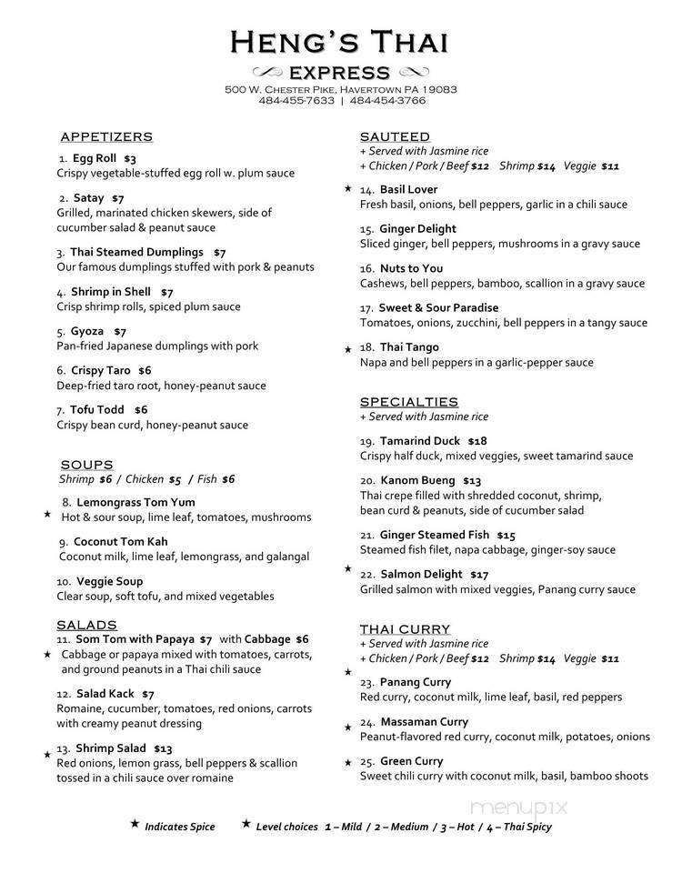 Heng's Thai Express - Havertown, PA menu_pic
