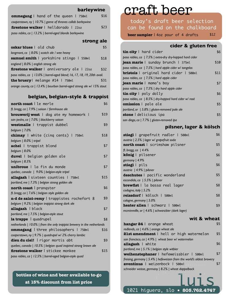 Luis Wine Bar - San Luis Obispo, CA menu_pic