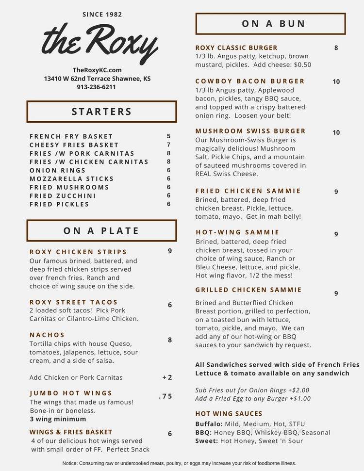 Roxy Bar & Grill - Overland Park, KS menu_pic