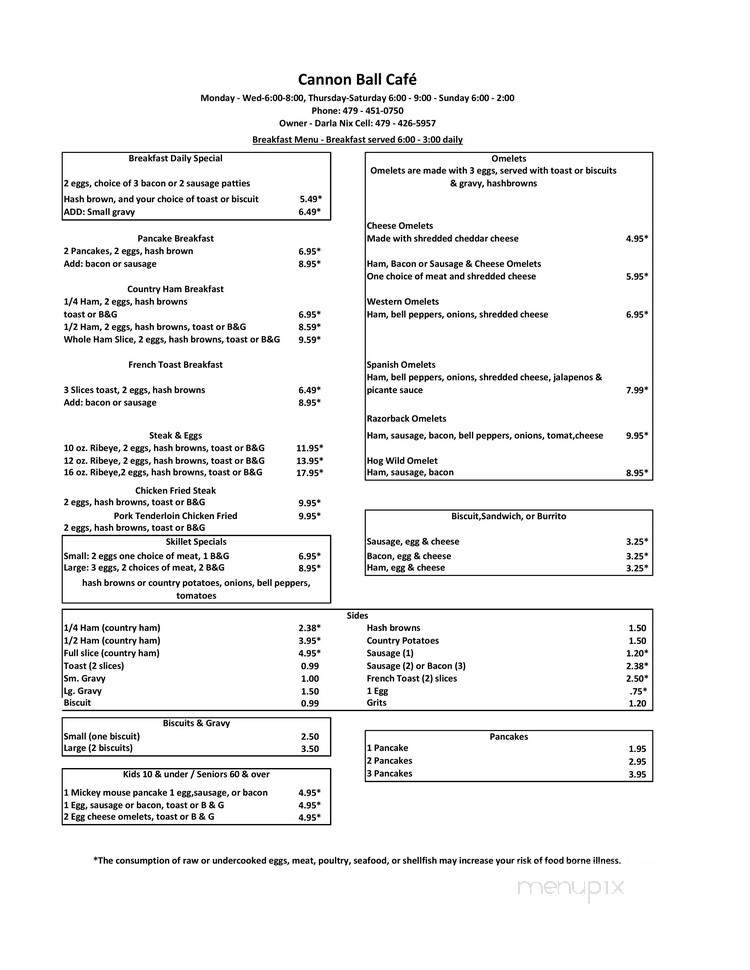 Cannonball Cafe - Pea Ridge, AR menu_pic
