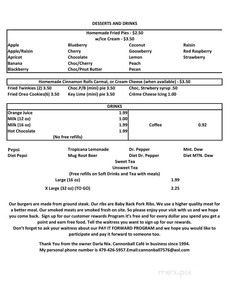 Cannonball Cafe - Pea Ridge, AR menu_pic