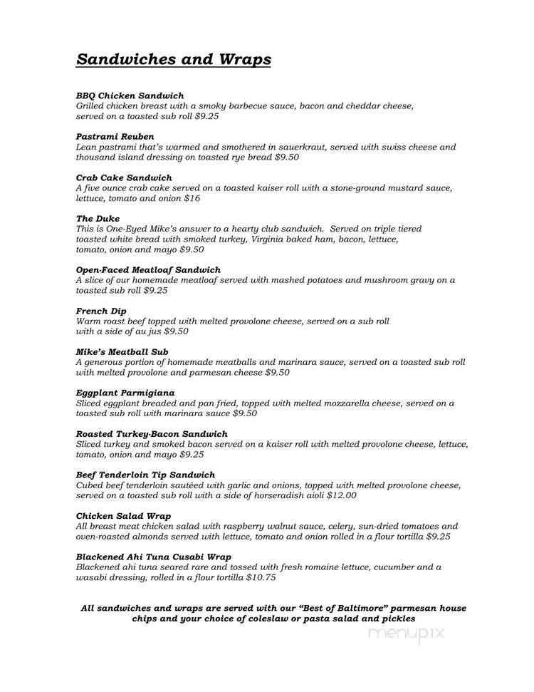 One-Eyed Mike's - Baltimore, MD menu_pic