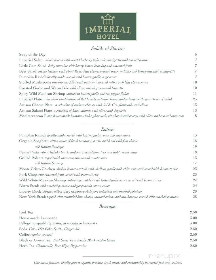 Imperial Hotel - Amador City, CA menu_pic
