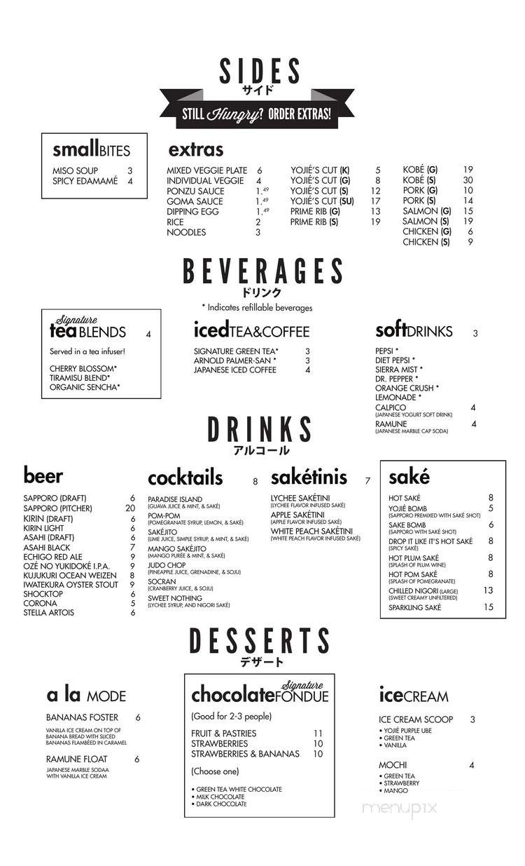 Yojie Japanese Fondue and Sake Bar - Los Angeles, CA menu_pic