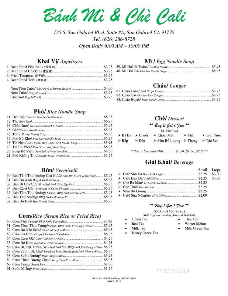 Banh Mi Che Cali - San Gabriel, CA menu_pic