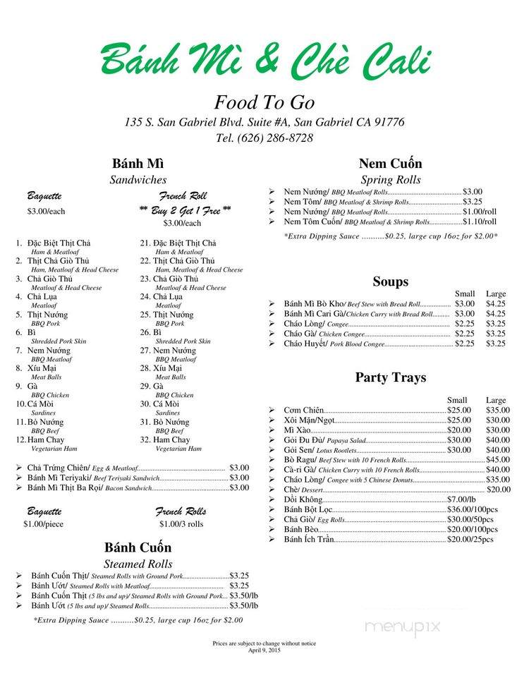 Banh Mi Che Cali - San Gabriel, CA menu_pic