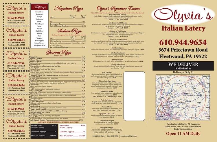 Olivias Italian Eatery - Fleetwood, PA menu_pic