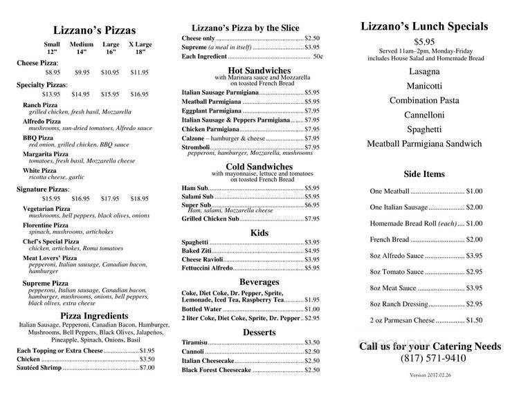 Lizzano's Pizza - Euless, TX menu_pic