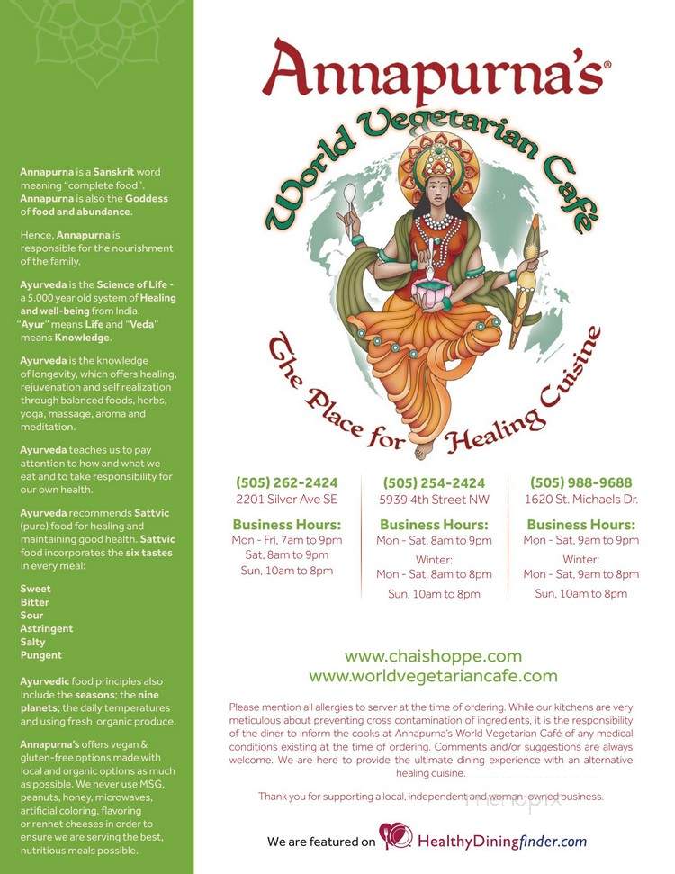 Annapurna's® World Vegetarian Cafe - Albuquerque, NM menu_pic