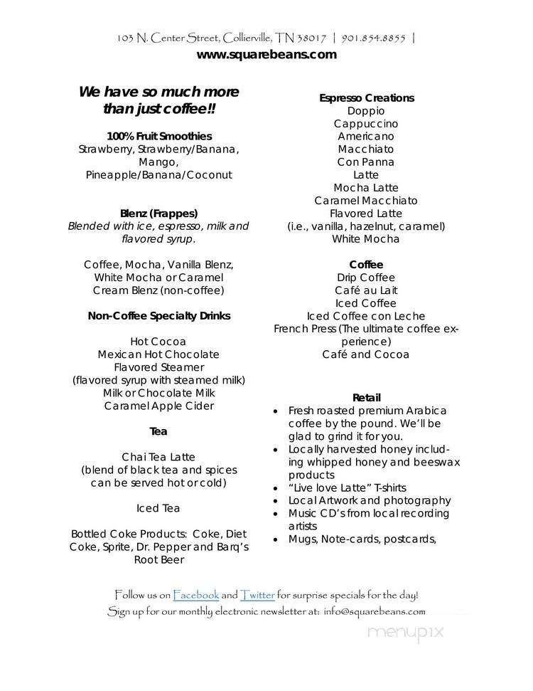 Square Beans Coffee - Collierville, TN menu_pic