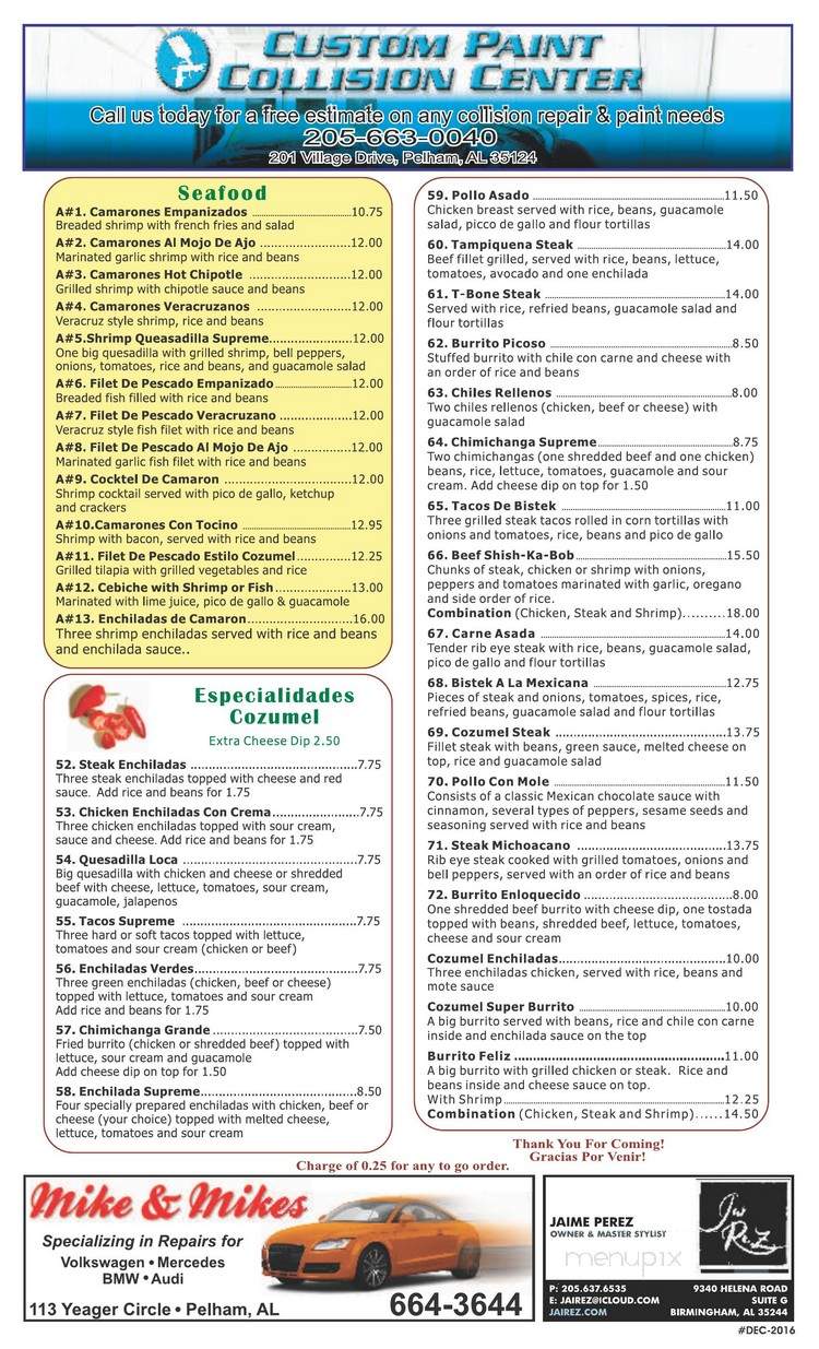 Cozmel - Pelham, AL menu_pic