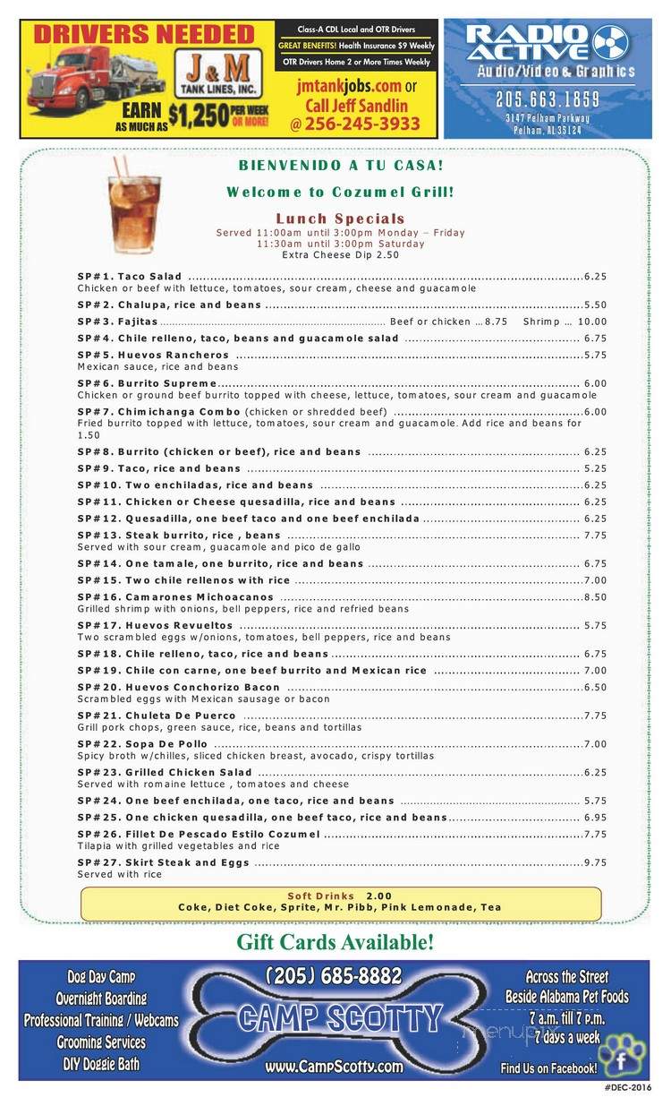 Cozmel - Pelham, AL menu_pic