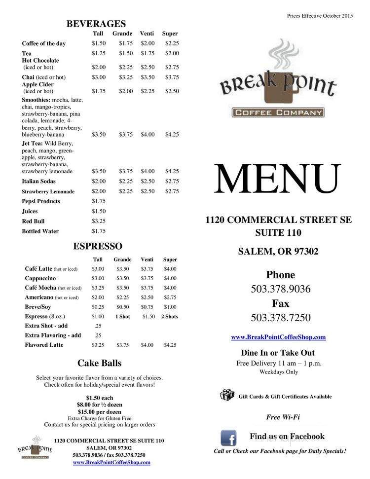 Break Point Coffee Co - Salem, OR menu_pic