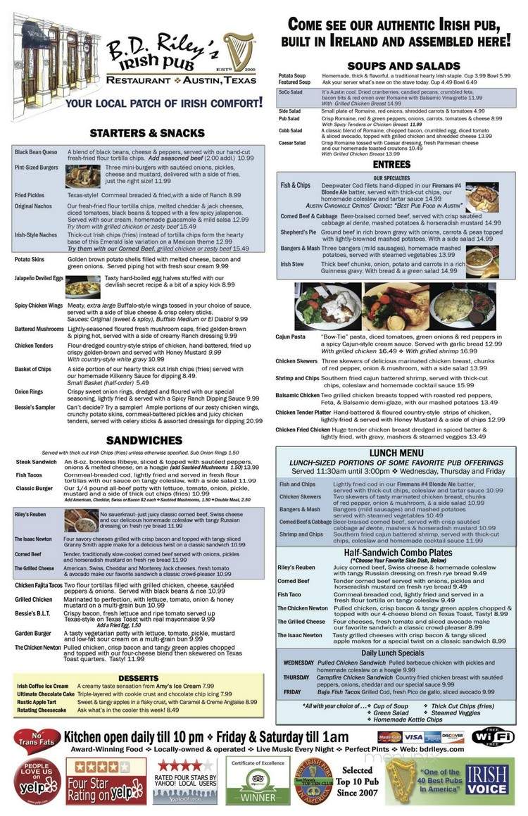 B.D. Riley's Irish Pub - Austin, TX menu_pic