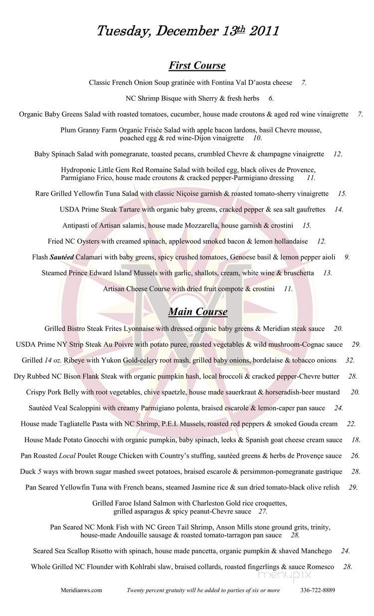 Meridian Restaurant - Winston Salem, NC menu_pic