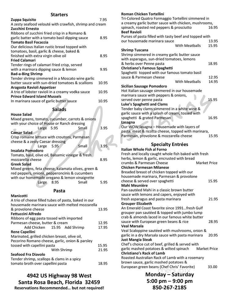 Christiano's Ristorante - Santa Rosa Beach, FL menu_pic