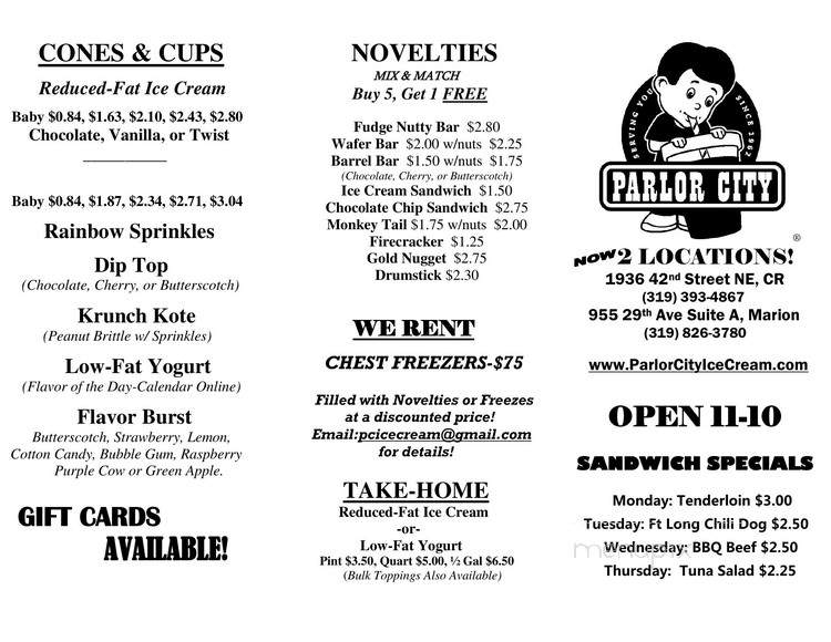 Parlor City Ice Cream - Cedar Rapids, IA menu_pic