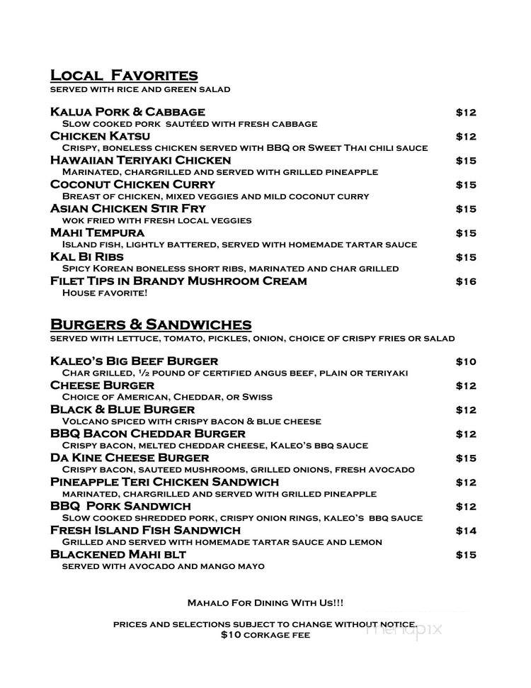 Kaleo's Bar and Grill - Pahoa, HI menu_pic