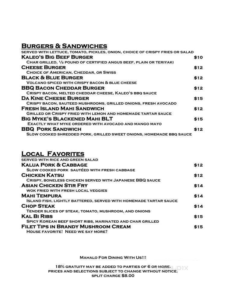 Kaleo's Bar and Grill - Pahoa, HI menu_pic