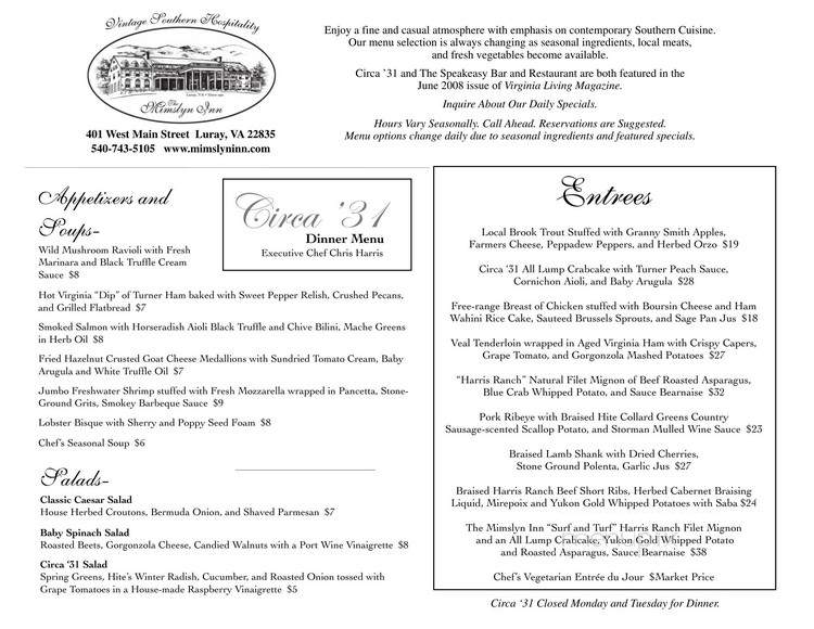 Circa '31 - Luray, VA menu_pic