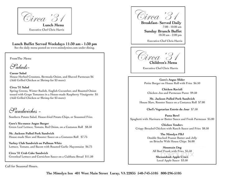 Circa '31 - Luray, VA menu_pic