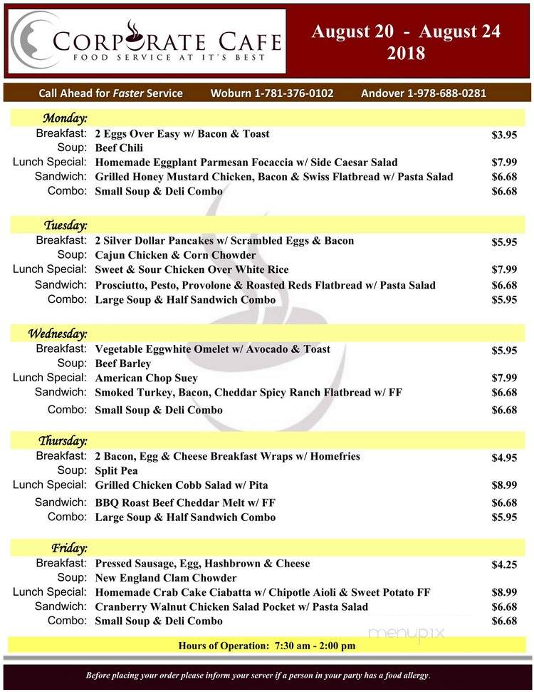 Corporate Cafe - Woburn, MA menu_pic