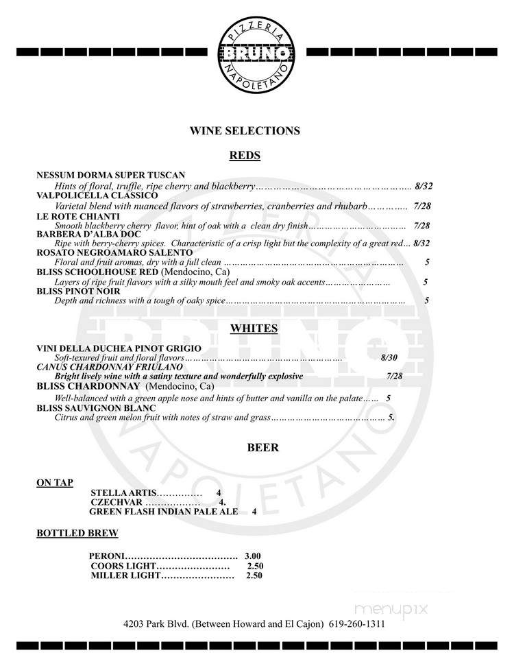 Pizzeria Bruno Napoletano - San Diego, CA menu_pic