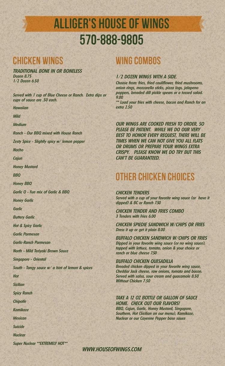 Alliger's House of Wings - Sayre, PA menu_pic