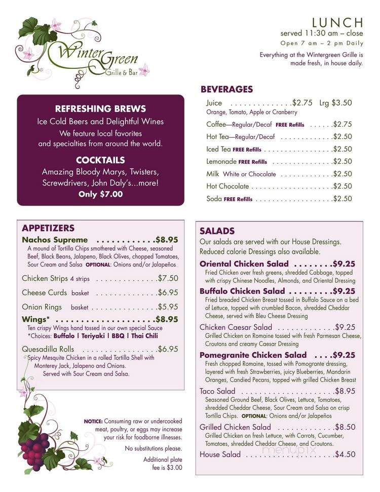 Wintergreen Grille - Lake Delton, WI menu_pic