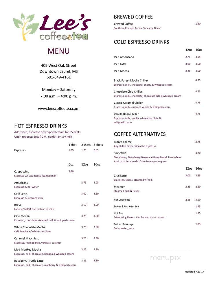 Menu of Lee's Coffee and Tea in Laurel, MS 39440