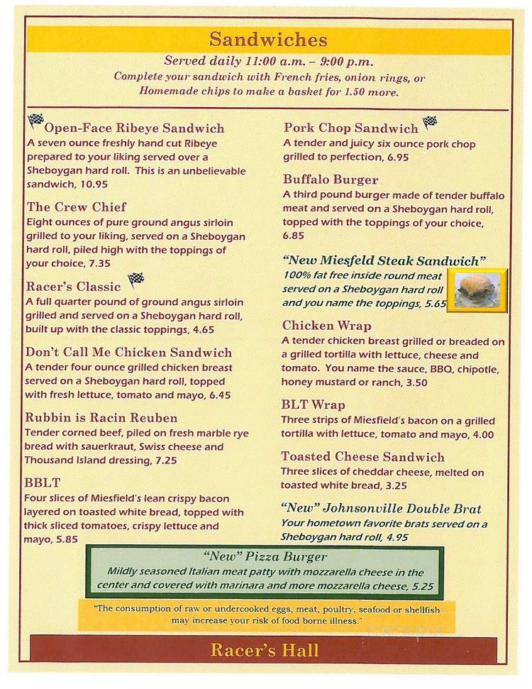 Racers Hall - Plymouth, WI menu_pic