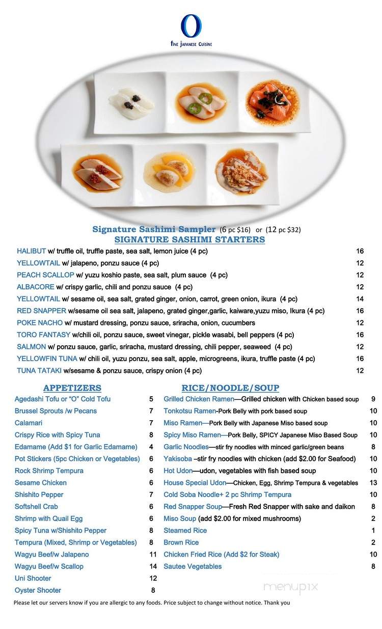 O Fine Japanese Cuisine - Laguna Beach, CA menu_pic