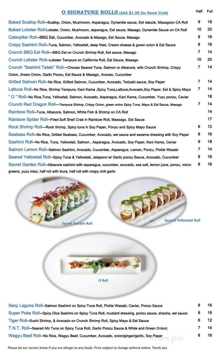 O Fine Japanese Cuisine - Laguna Beach, CA menu_pic