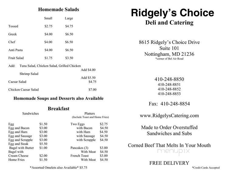 Ridgely's Choice Deli and Catering - Nottingham, MD menu_pic