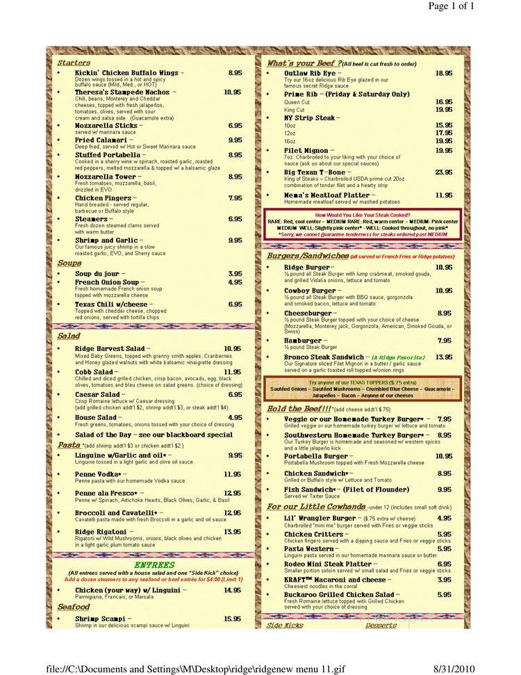 Ridge Steak and Ale - Oak Ridge, NJ menu_pic
