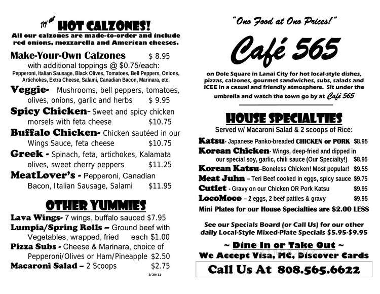 Cafe 565 Inc - Lanai City, HI menu_pic