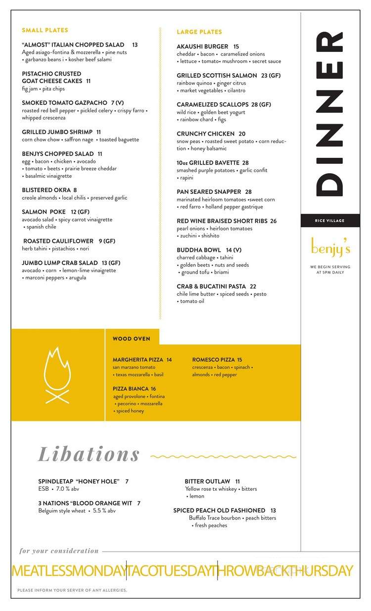 Benjy's Restaurant - Houston, TX menu_pic