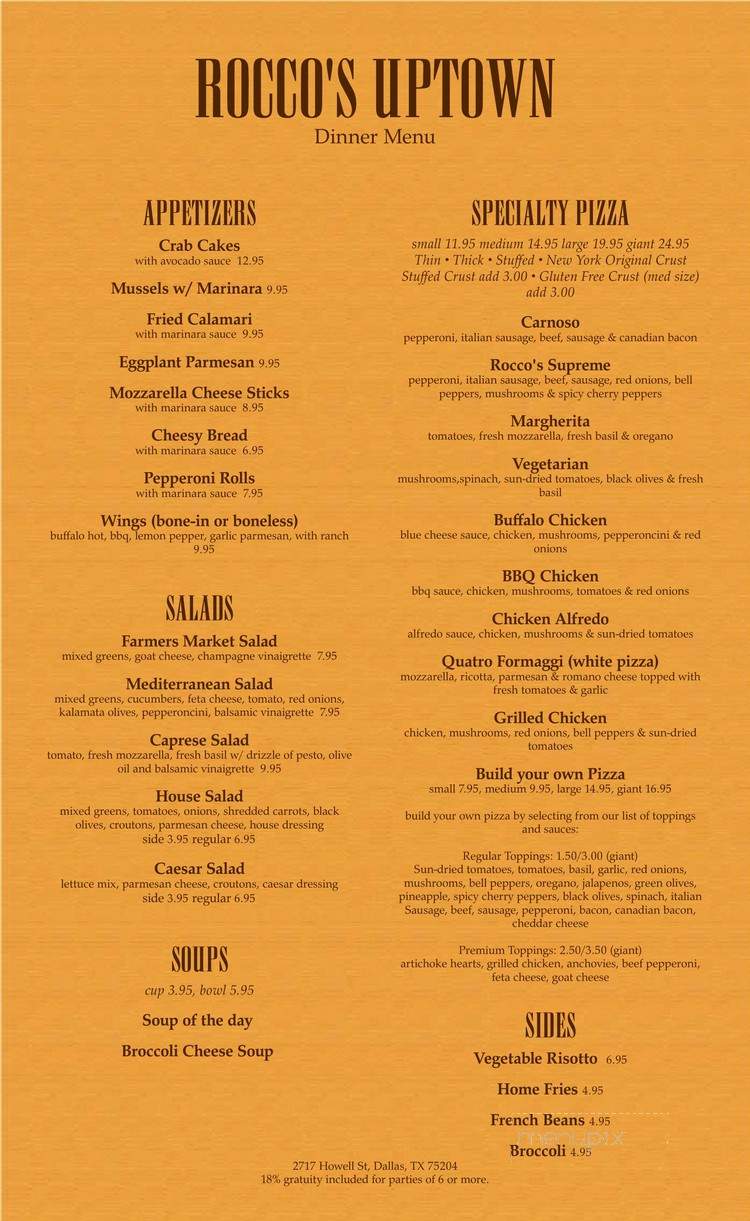 Rocco's Pizza & Pasta - Dallas, TX menu_pic