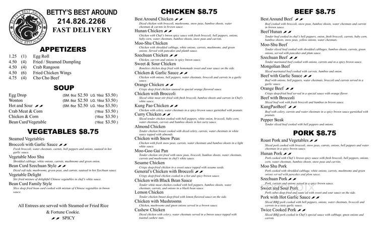 Betty's Best Chinese Food - Dallas, TX menu_pic