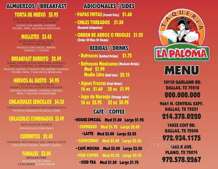 La Paloma Taqueria - Dallas, TX menu_pic