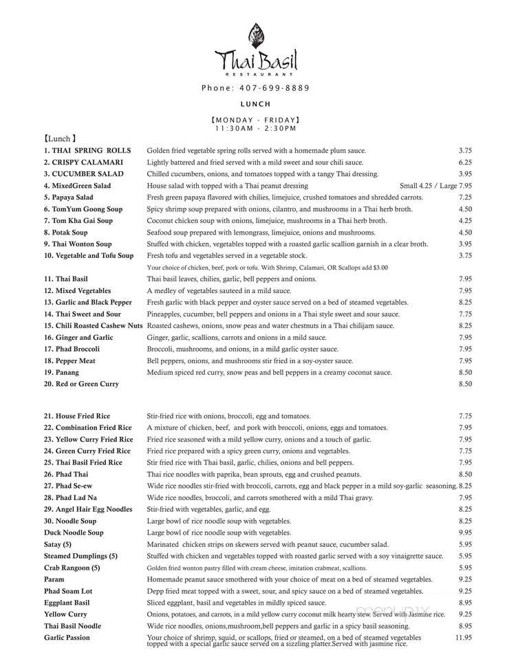 Thai Basil Restaurant - Winter Springs, FL menu_pic