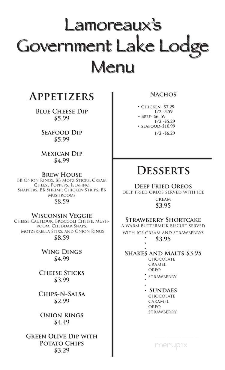Government Lake Lodge - Baldwin, MI menu_pic