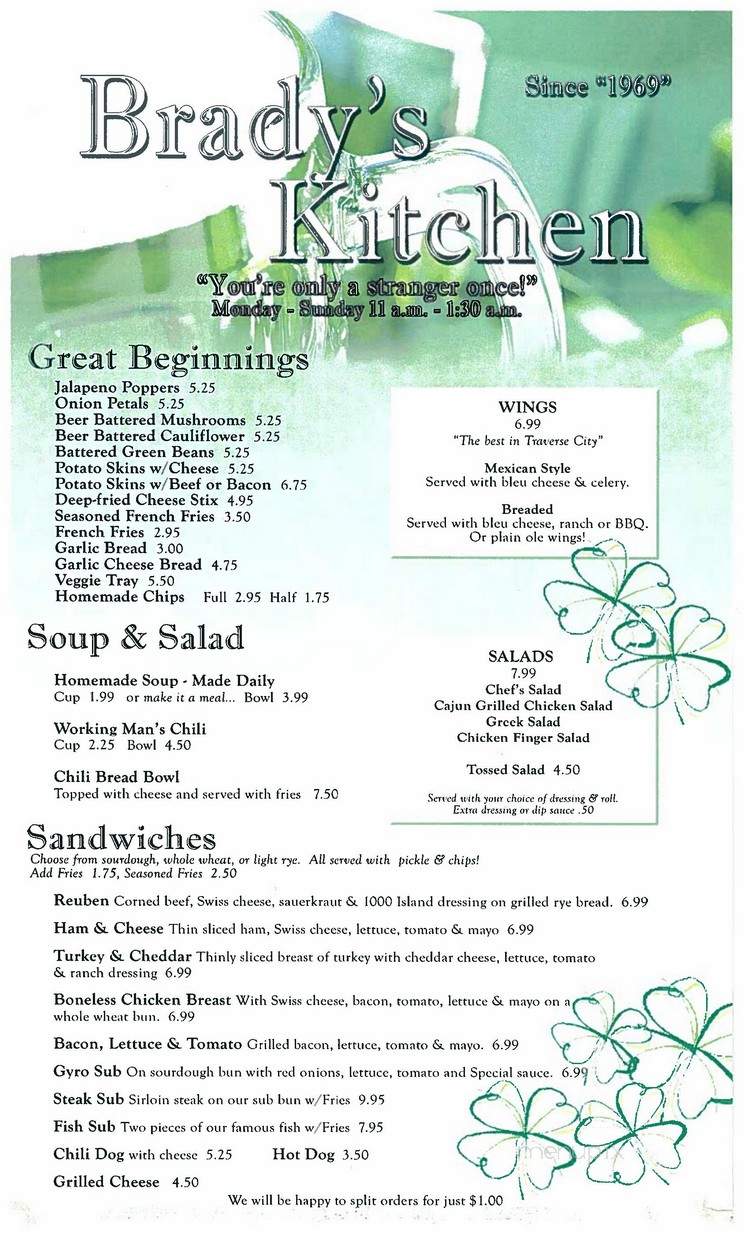 Menu Of Brady S Bar In Traverse City Mi 49684