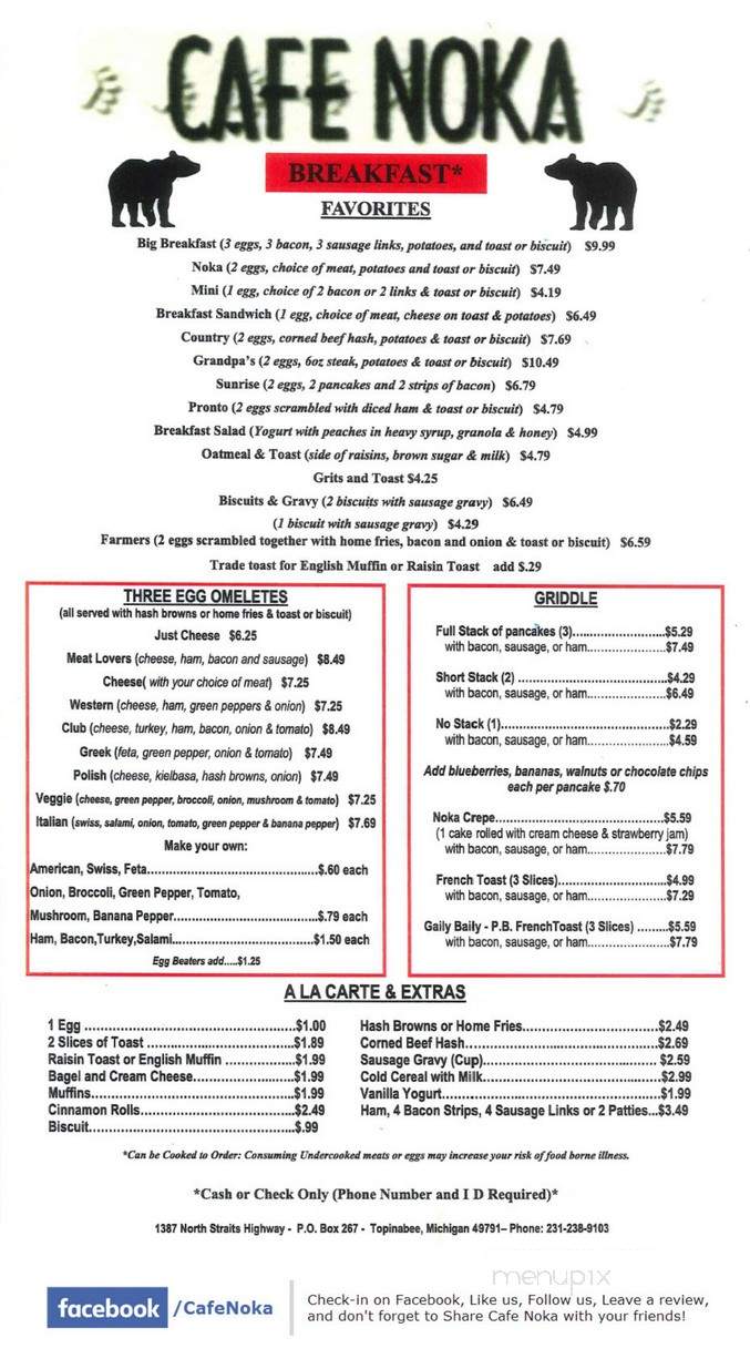 Cafe Noka - Topinabee, MI menu_pic