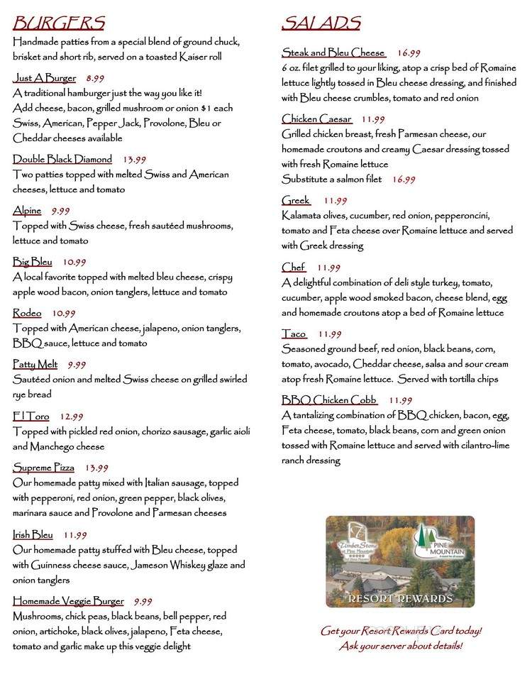 Pine Mountain Hotel & Resort - Iron Mountain, MI menu_pic