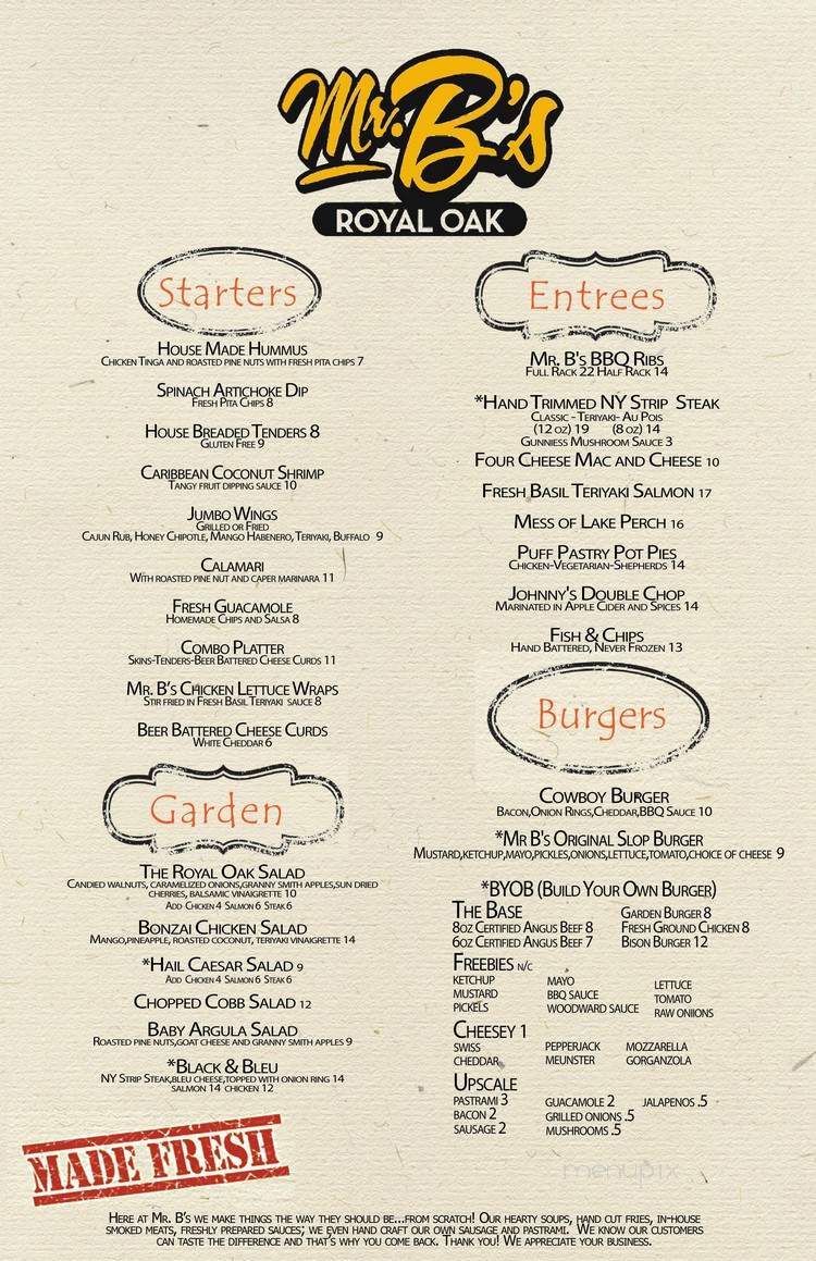 Mr B's Pub - Royal Oak, MI menu_pic