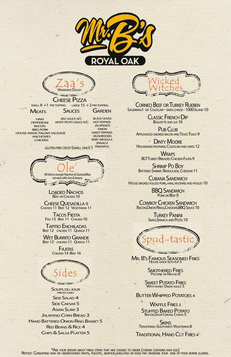 Mr B's Pub - Royal Oak, MI menu_pic
